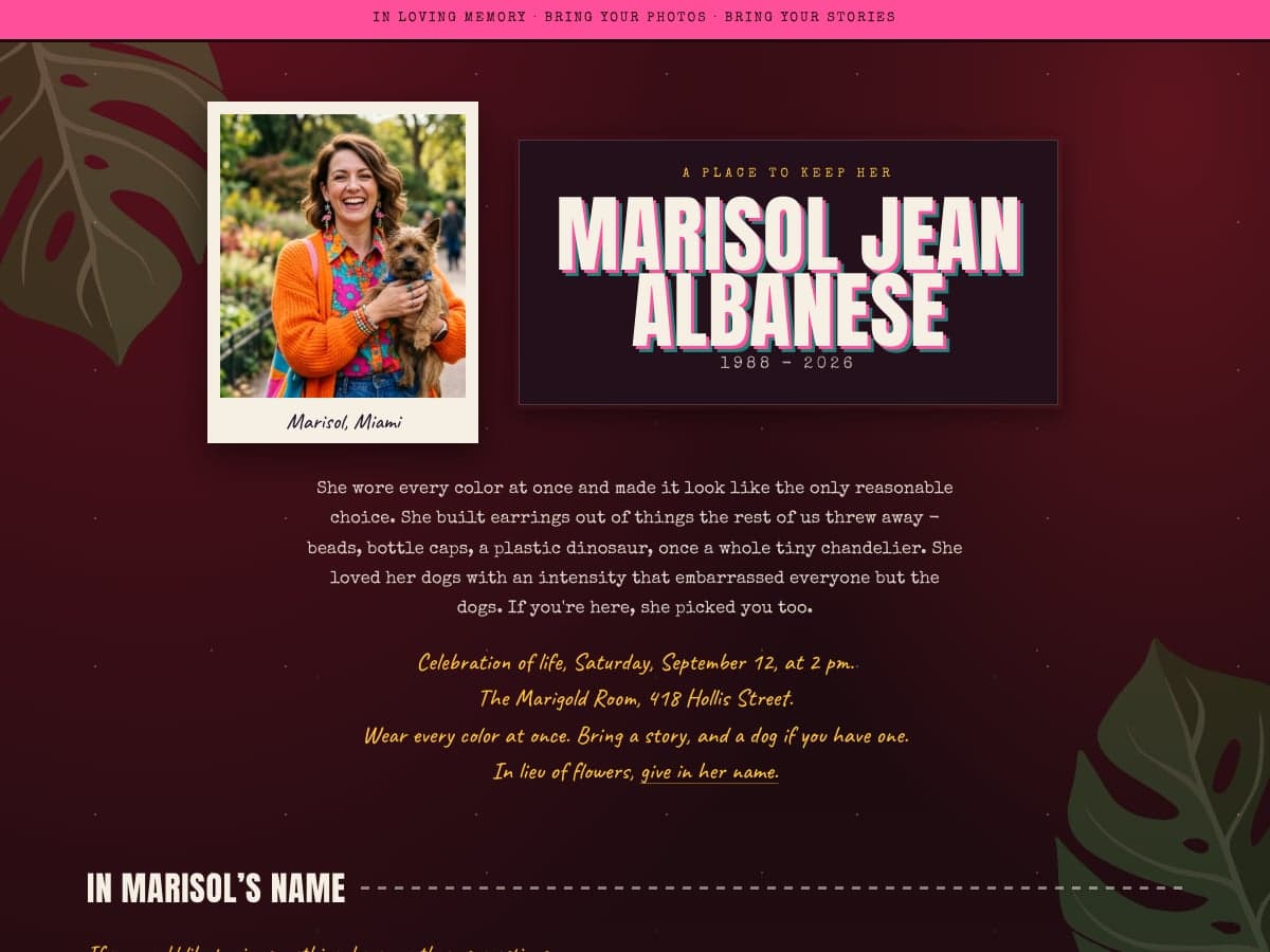 Preview of Marisol's memorial page