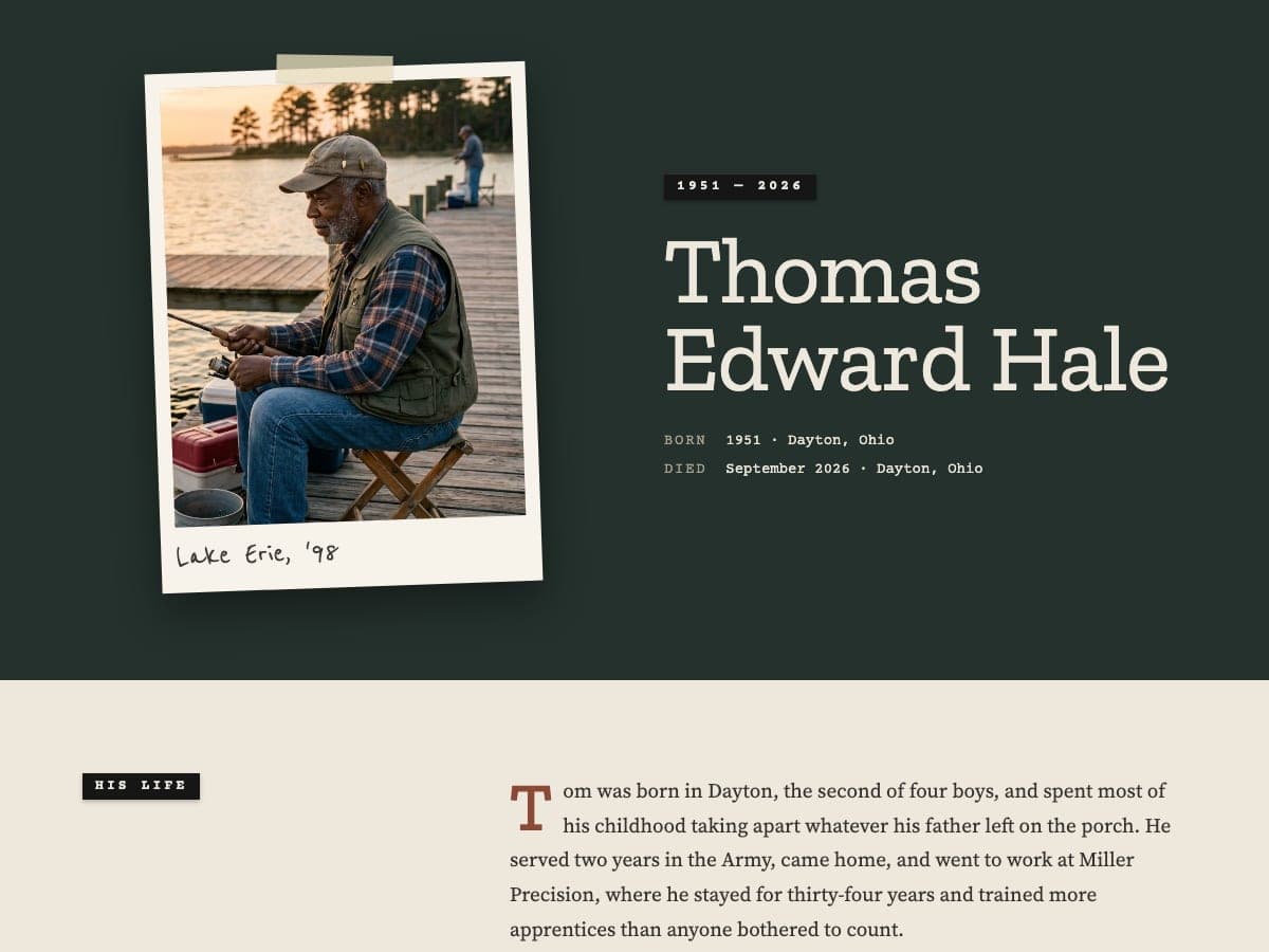 Preview of Tom's memorial page